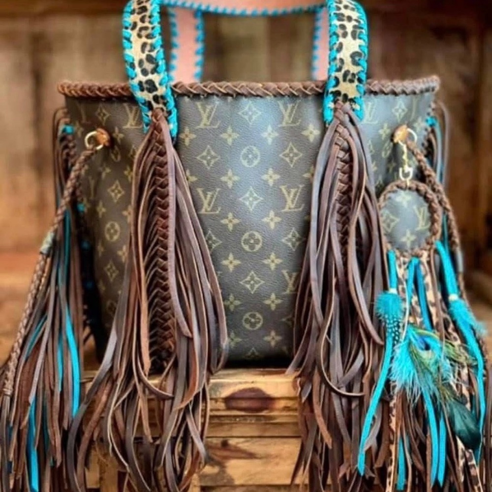 Louis Vuitton Brown and Teal Fringe Tote